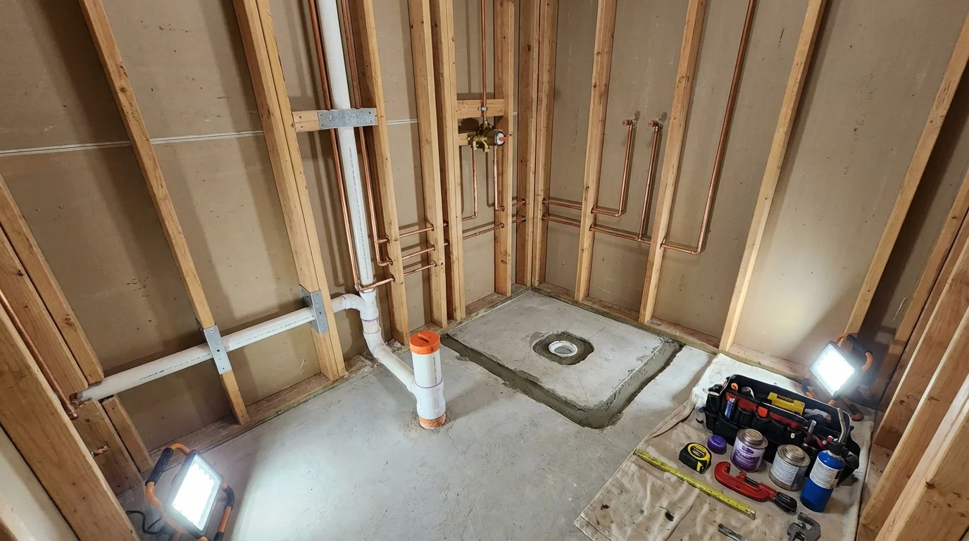 Bathroom rough-in plumbing during remodel by Johns Plumbing LLC in Appomattox