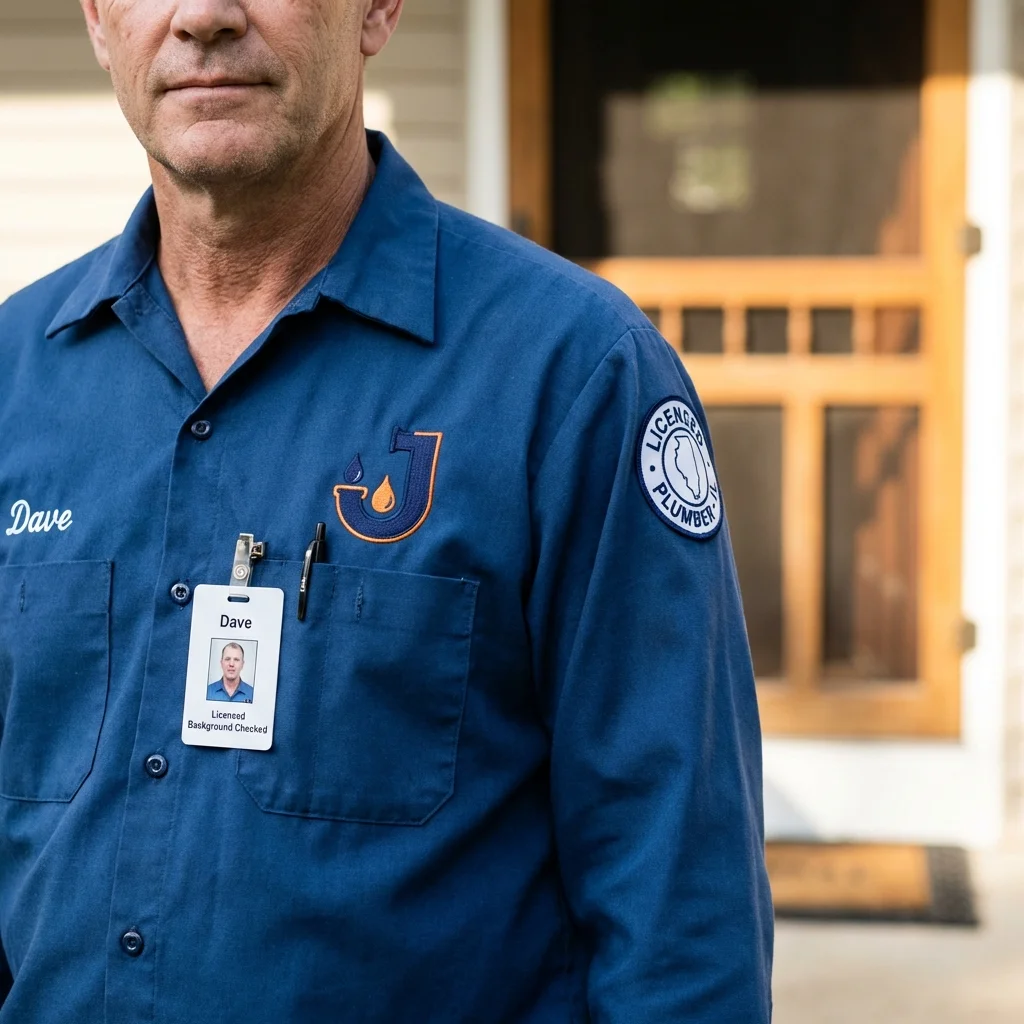 Licensed plumber showing ID badge in Appomattox, VA