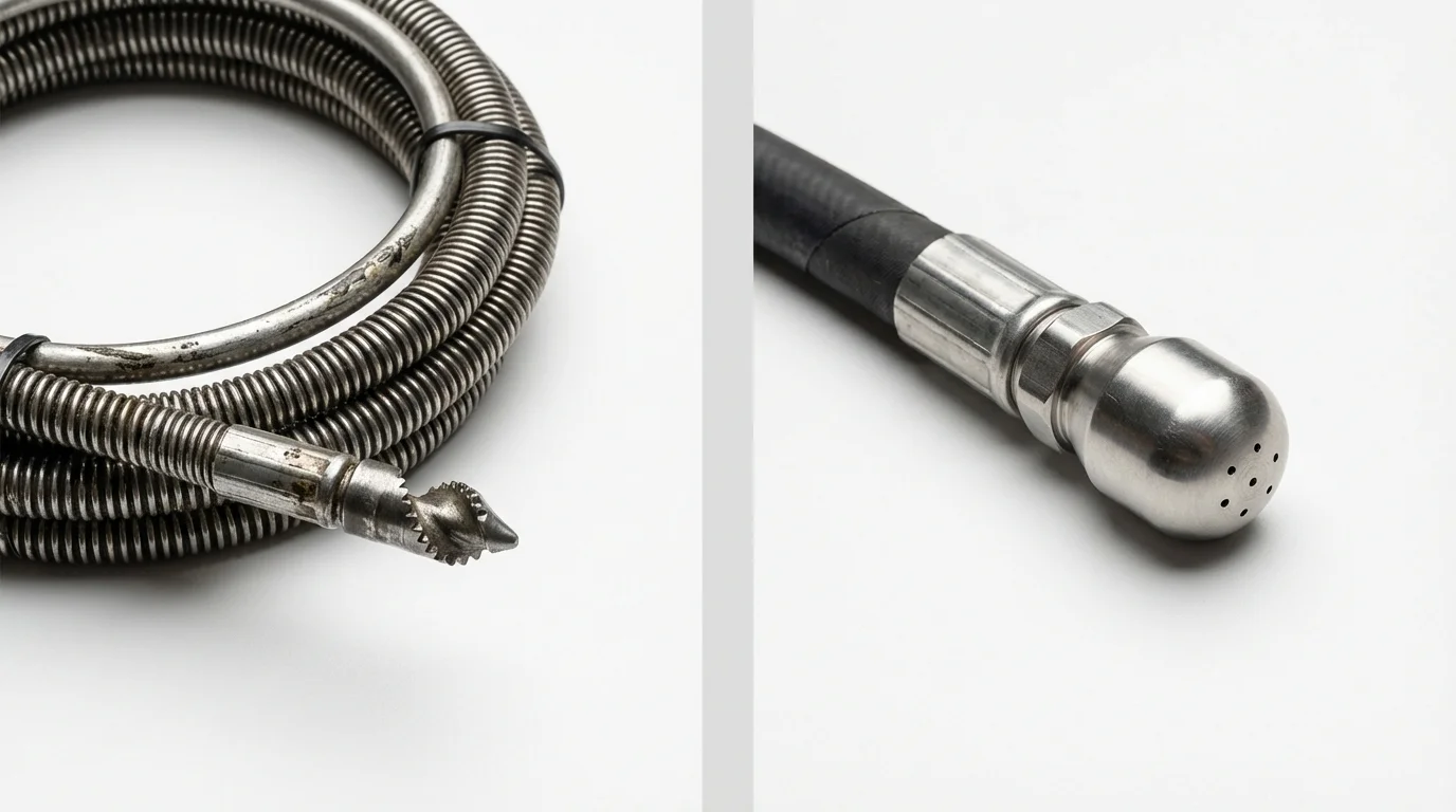 Drain snake cable and hydro jetting nozzle used for drain cleaning in Appomattox, VA