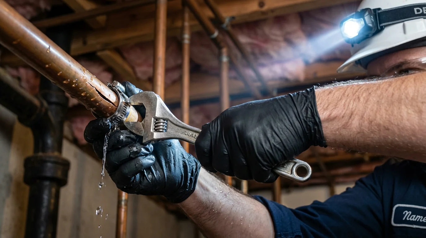 Emergency pipe clamp repair being performed by a Johns Plumbing LLC plumber in Appomattox