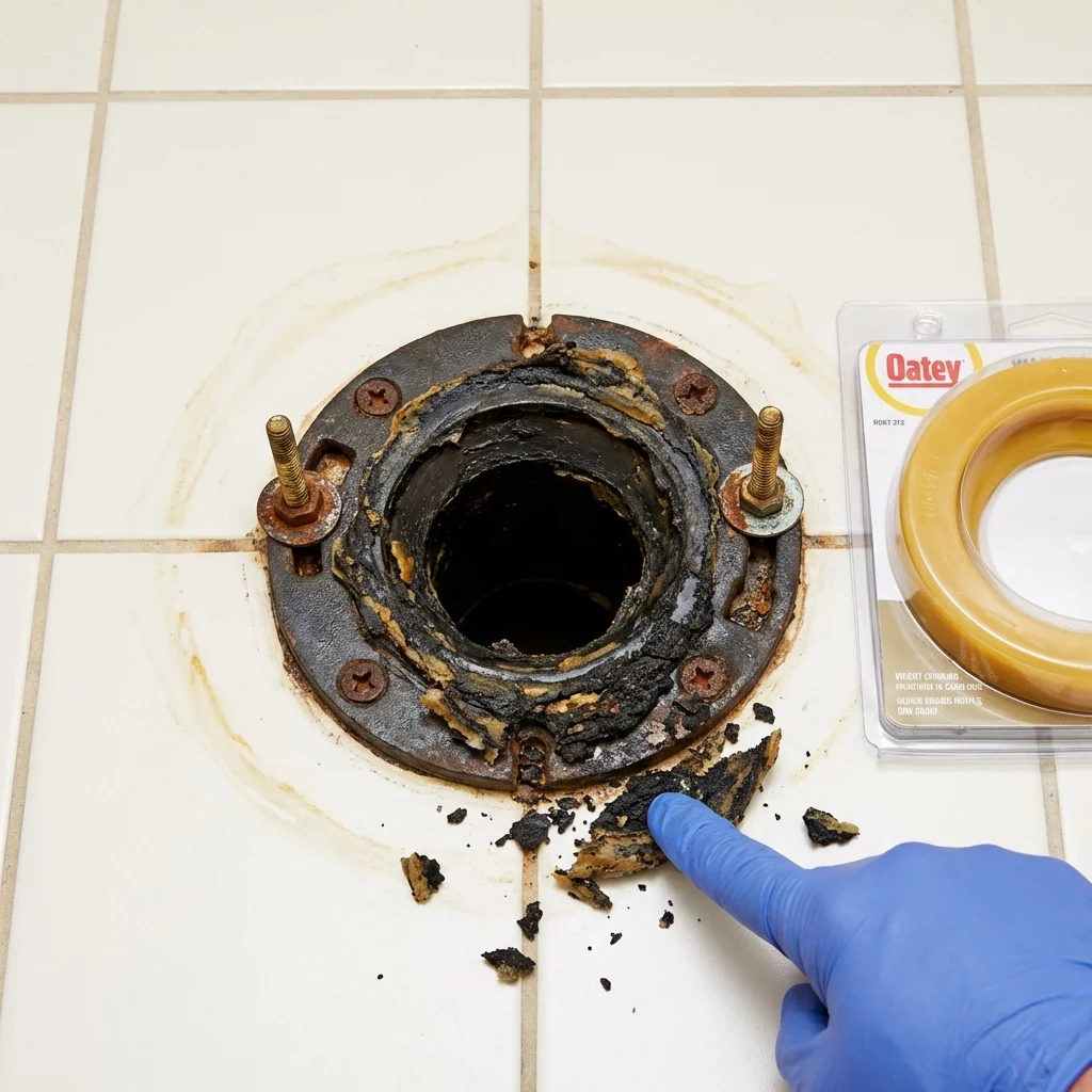 Failed wax ring showing water seepage at the base of a toilet in a Appomattox, VA home
