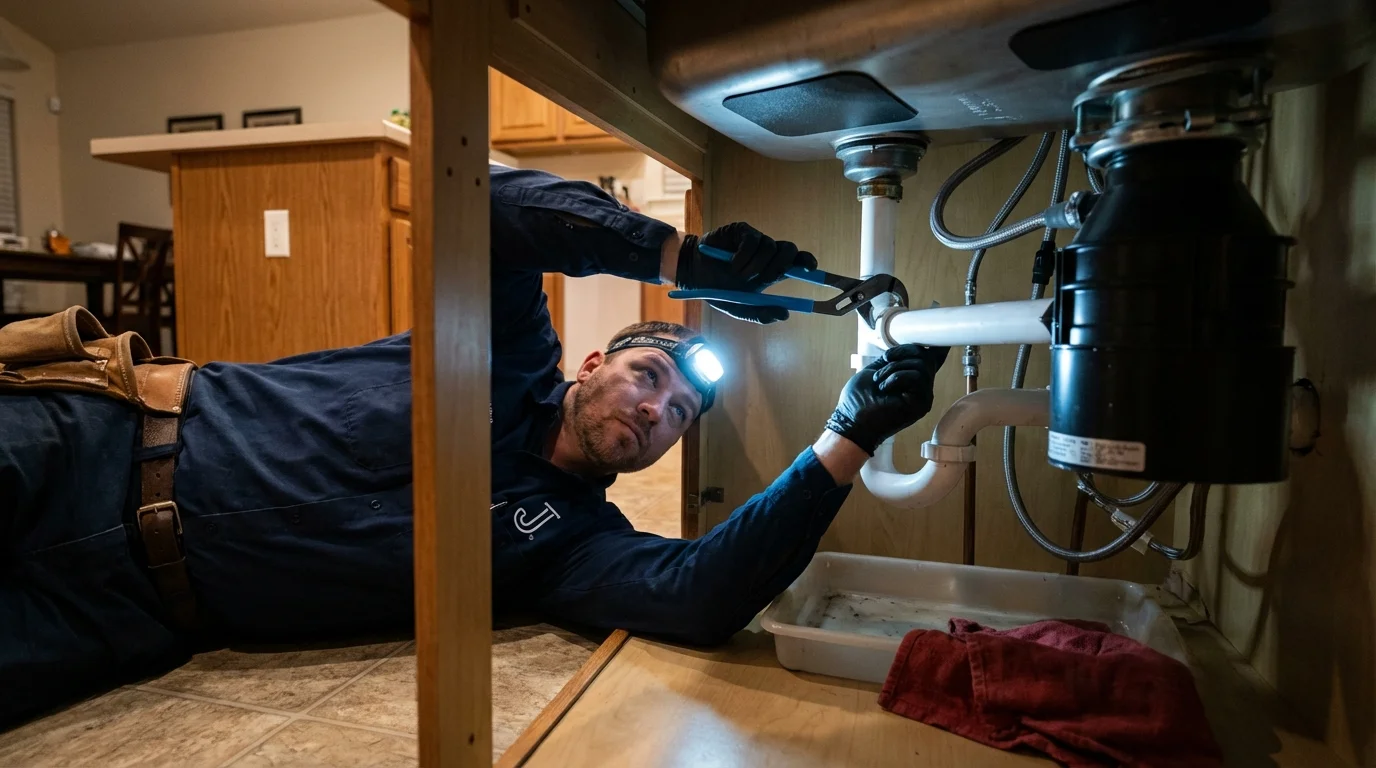 P-trap and supply line connections under a kitchen sink showing a common leak point in Appomattox, VA